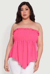 Womens Plus Size Smocked Strapless Peplum Tube Top in Solid Crepe Knit, Pink, Size 4X