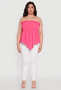 Womens Plus Size Smocked Strapless Peplum Tube Top in Solid Crepe Knit, Pink, Size 4X