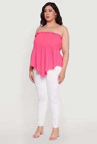 Womens Plus Size Smocked Strapless Peplum Tube Top in Solid Crepe Knit, Pink, Size 4X