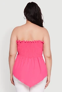Womens Plus Size Smocked Strapless Peplum Tube Top in Solid Crepe Knit, Pink, Size 4X