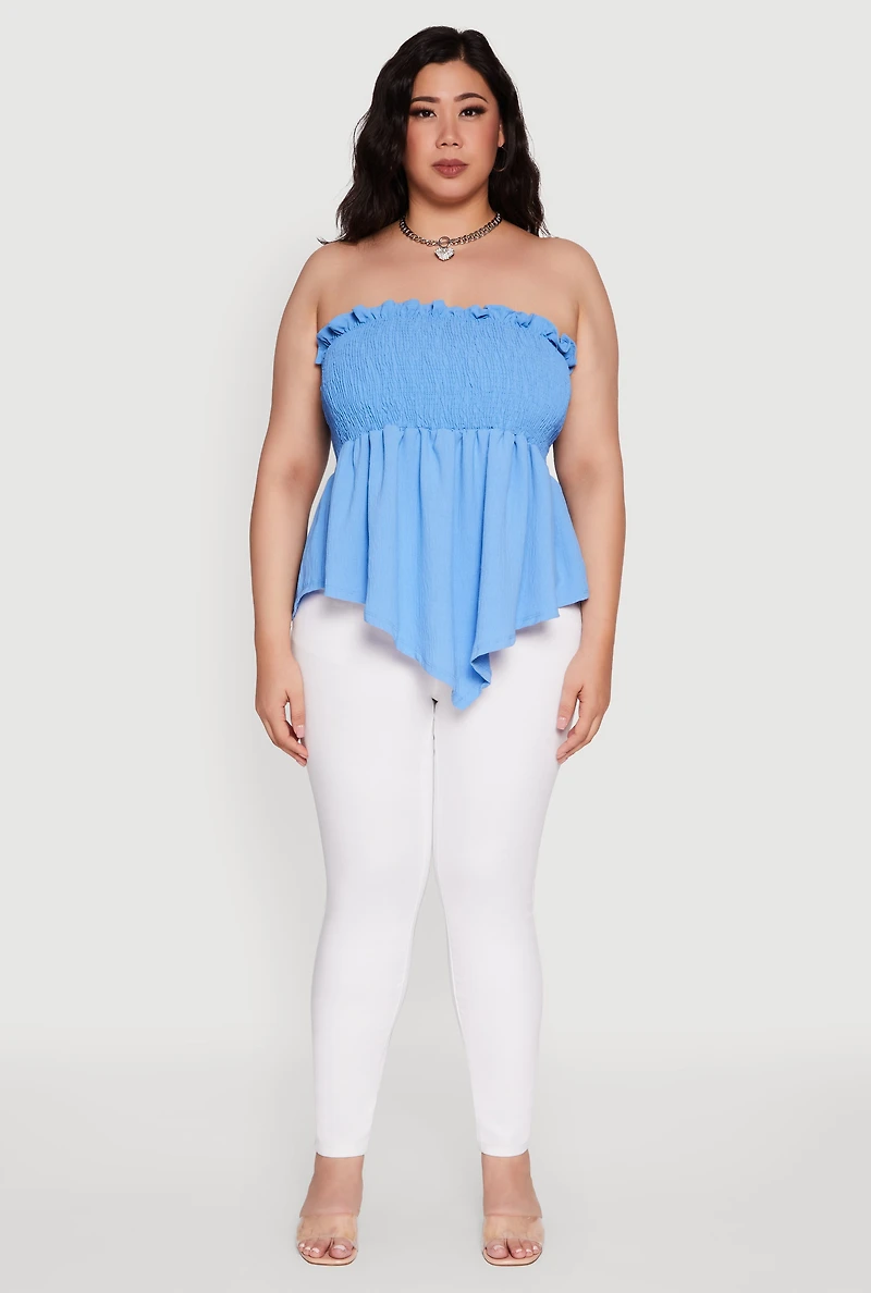 Womens Plus Smocked Strapless Peplum Tube Top Solid Crepe Knit,