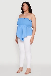 Womens Plus Smocked Strapless Peplum Tube Top Solid Crepe Knit, 2X