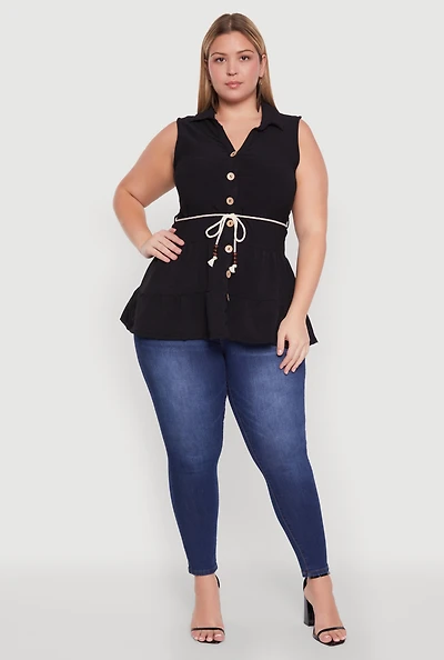 Womens Plus Size Crepe Knit Tiered Sleeveless Blouse, Black, Size 3X