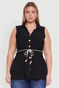 Womens Plus Crepe Knit Tiered Sleeveless Blouse,