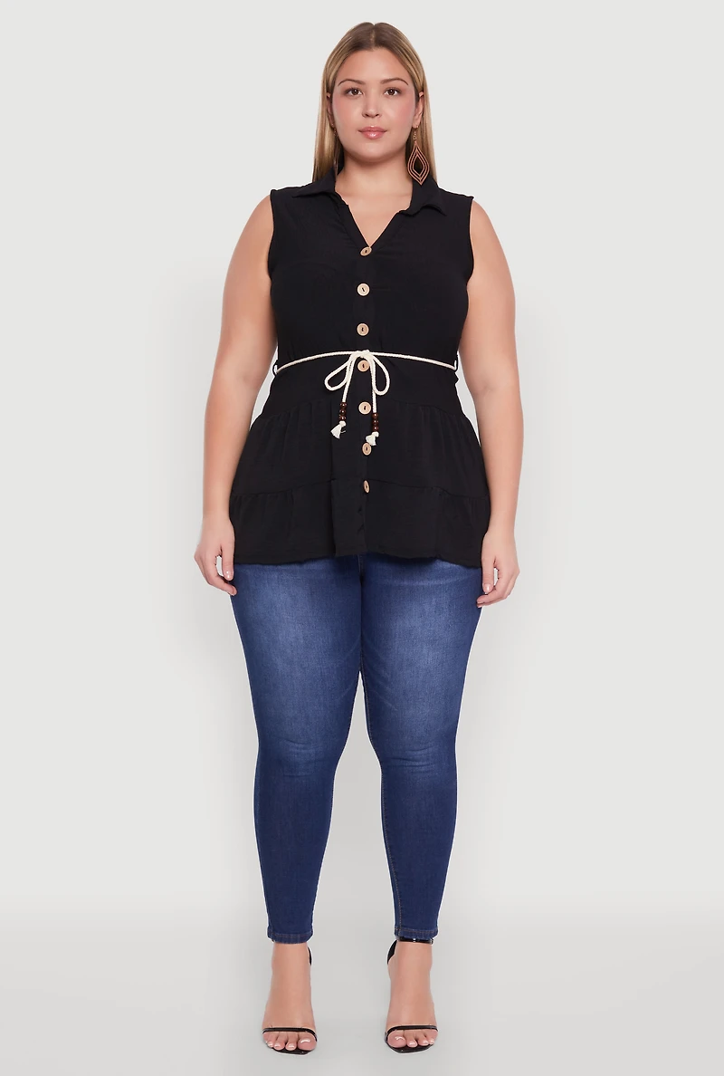 Womens Plus Crepe Knit Tiered Sleeveless Blouse,