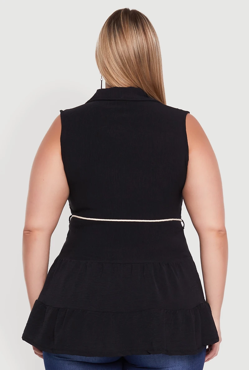 Womens Plus Crepe Knit Tiered Sleeveless Blouse, 4X