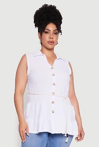 Womens Plus Size Crepe Knit Tiered Sleeveless Blouse, White, Size 4X