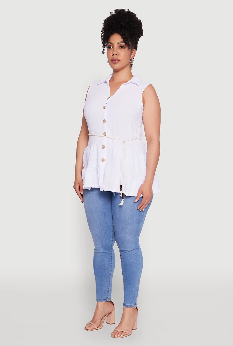 Plus Crepe Knit Tiered Sleeveless Blouse