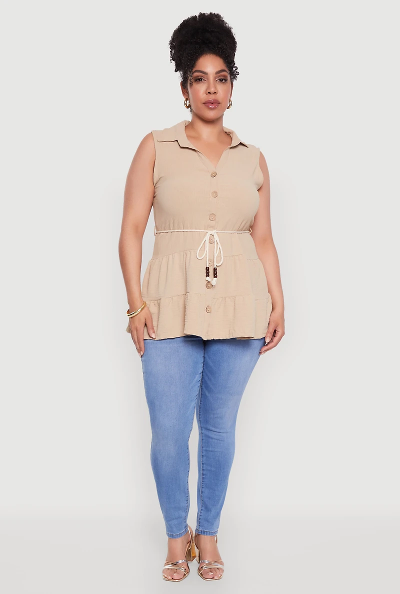 Womens Plus Crepe Knit Tiered Sleeveless Blouse,