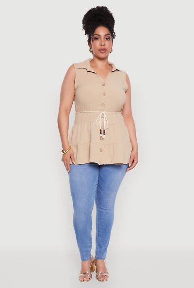 Womens Plus Crepe Knit Tiered Sleeveless Blouse,
