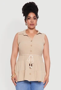 Womens Plus Crepe Knit Tiered Sleeveless Blouse,