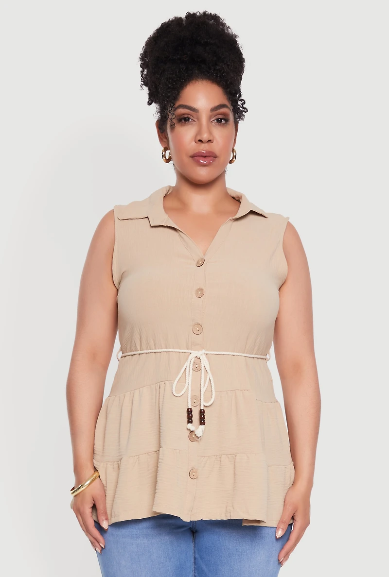 Womens Plus Size Crepe Knit Tiered Sleeveless Blouse, Beige, Size 1X