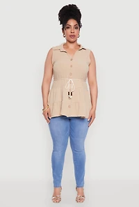 Womens Plus Size Crepe Knit Tiered Sleeveless Blouse, Beige, Size 3X