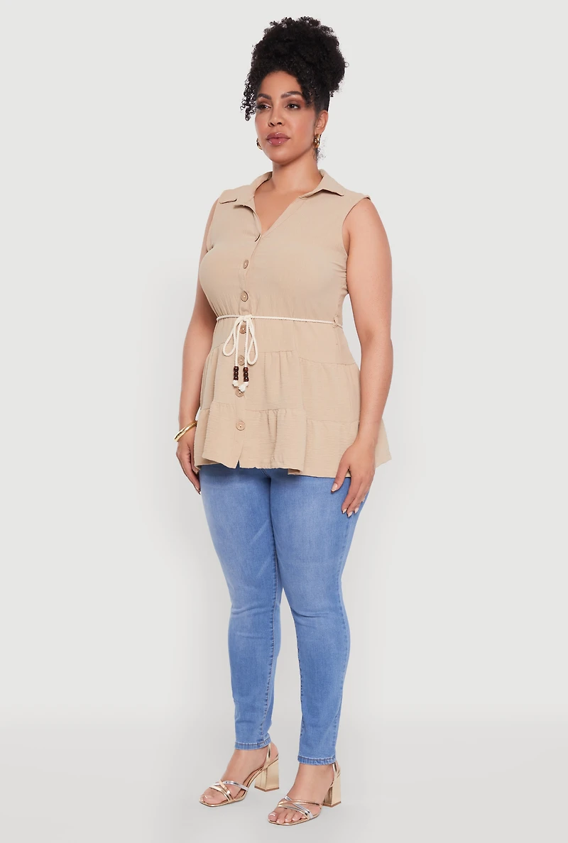 Womens Plus Size Crepe Knit Tiered Sleeveless Blouse, Beige, Size 1X