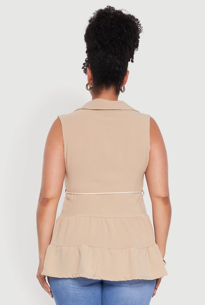 Womens Plus Size Crepe Knit Tiered Sleeveless Blouse, Beige, Size 1X