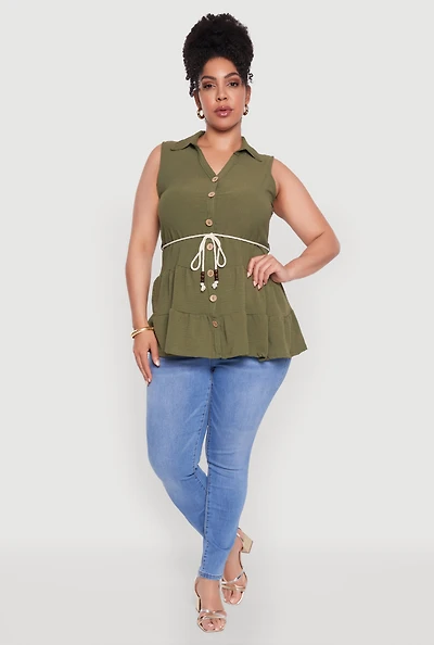 Womens Plus Crepe Knit Tiered Sleeveless Blouse,