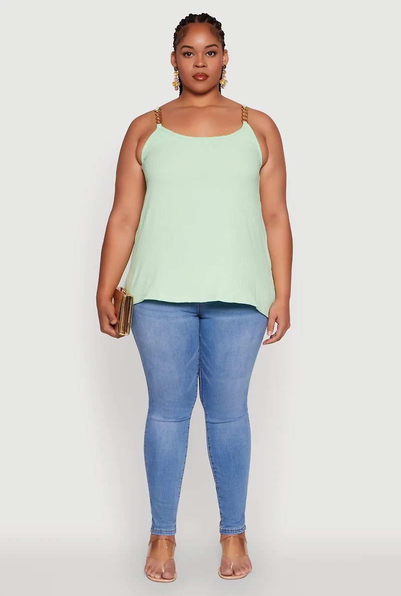 Womens Plus Size Crepe Knit Cami with Chain Strap and Scoop Neck, Green, Size 2X