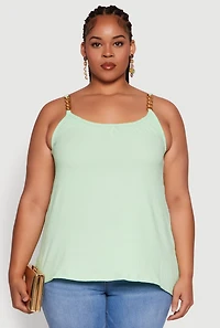 Womens Plus Size Crepe Knit Cami with Chain Strap and Scoop Neck, Green, Size 2X