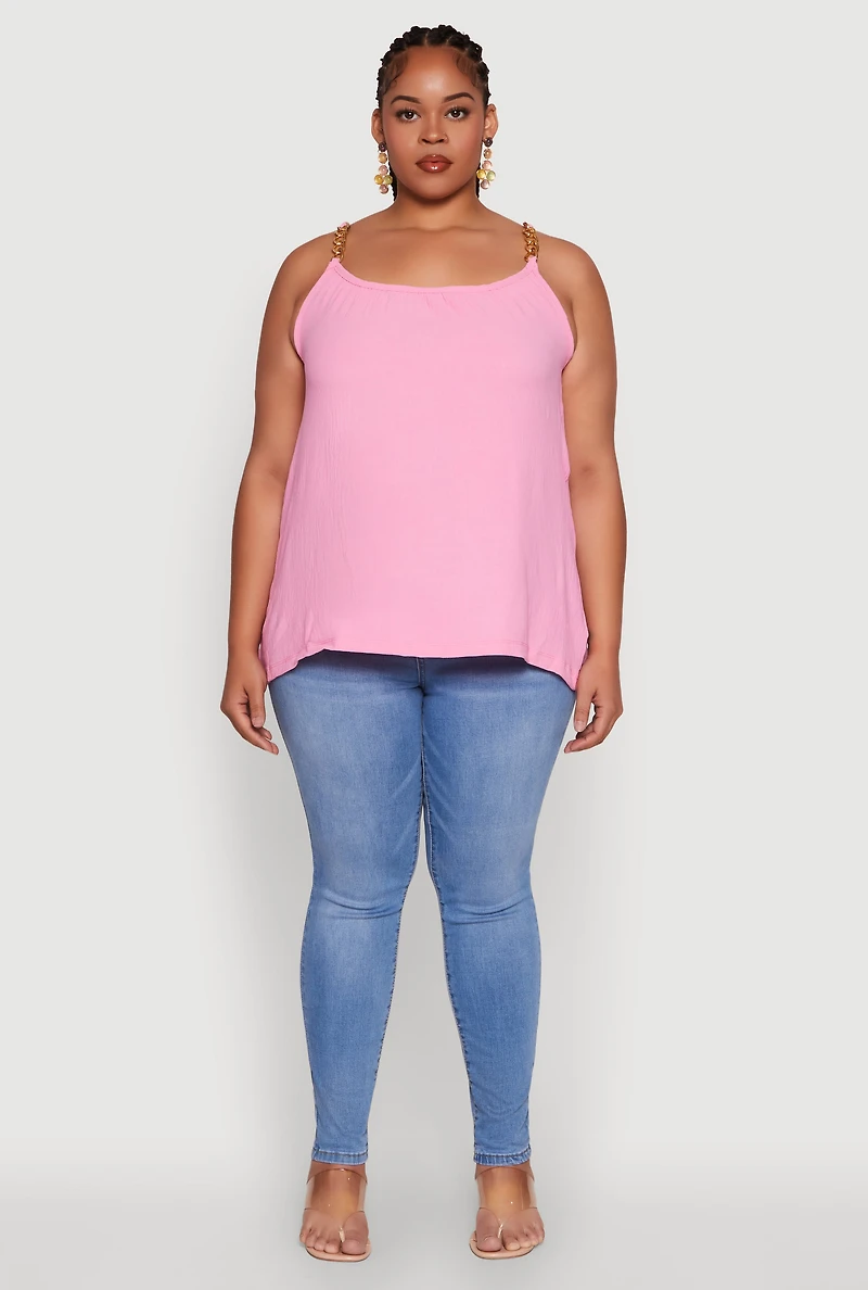 Womens Plus Size Crepe Knit Cami with Chain Strap and Scoop Neck, Pink, Size 2X
