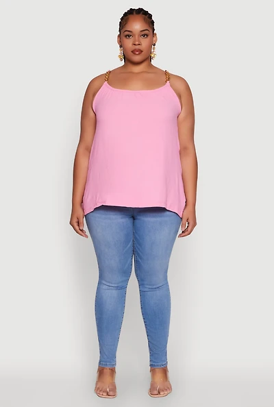 Womens Plus Size Crepe Knit Cami with Chain Strap and Scoop Neck, Pink, Size 2X