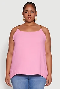 Womens Plus Size Crepe Knit Cami with Chain Strap and Scoop Neck, Pink, Size 2X