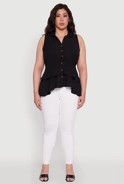Womens Plus Crepe Knit Sleeveless Tiered Shirt,