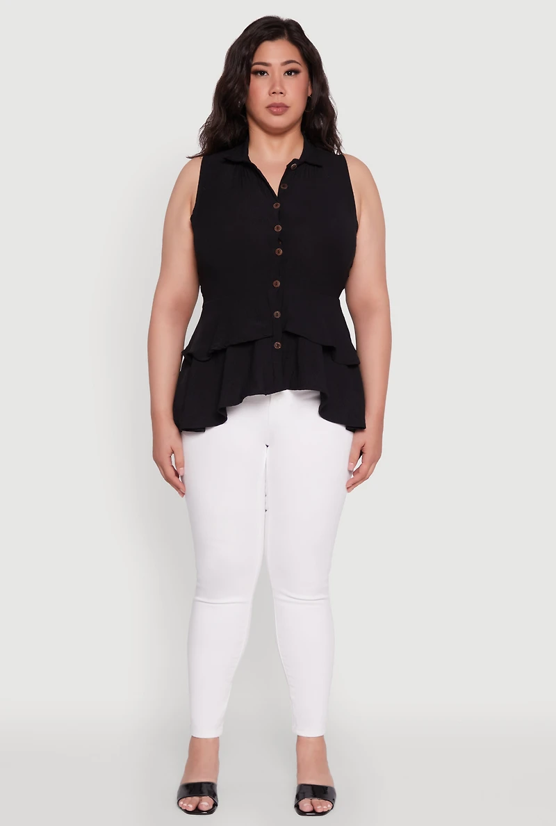 Womens Plus Size Crepe Knit Sleeveless Tiered Shirt, Black, Size 3X