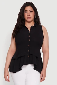 Womens Plus Crepe Knit Sleeveless Tiered Shirt,
