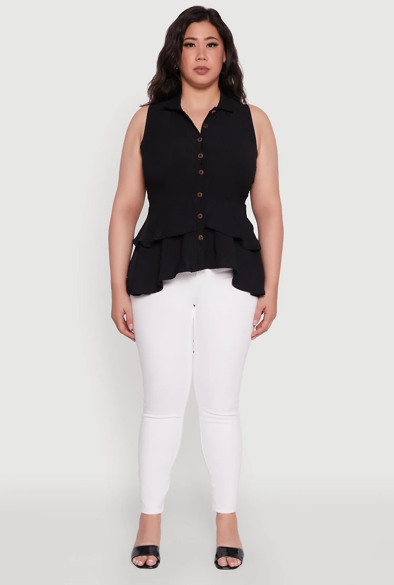 Womens Plus Size Crepe Knit Sleeveless Tiered Shirt, Black, Size 3X