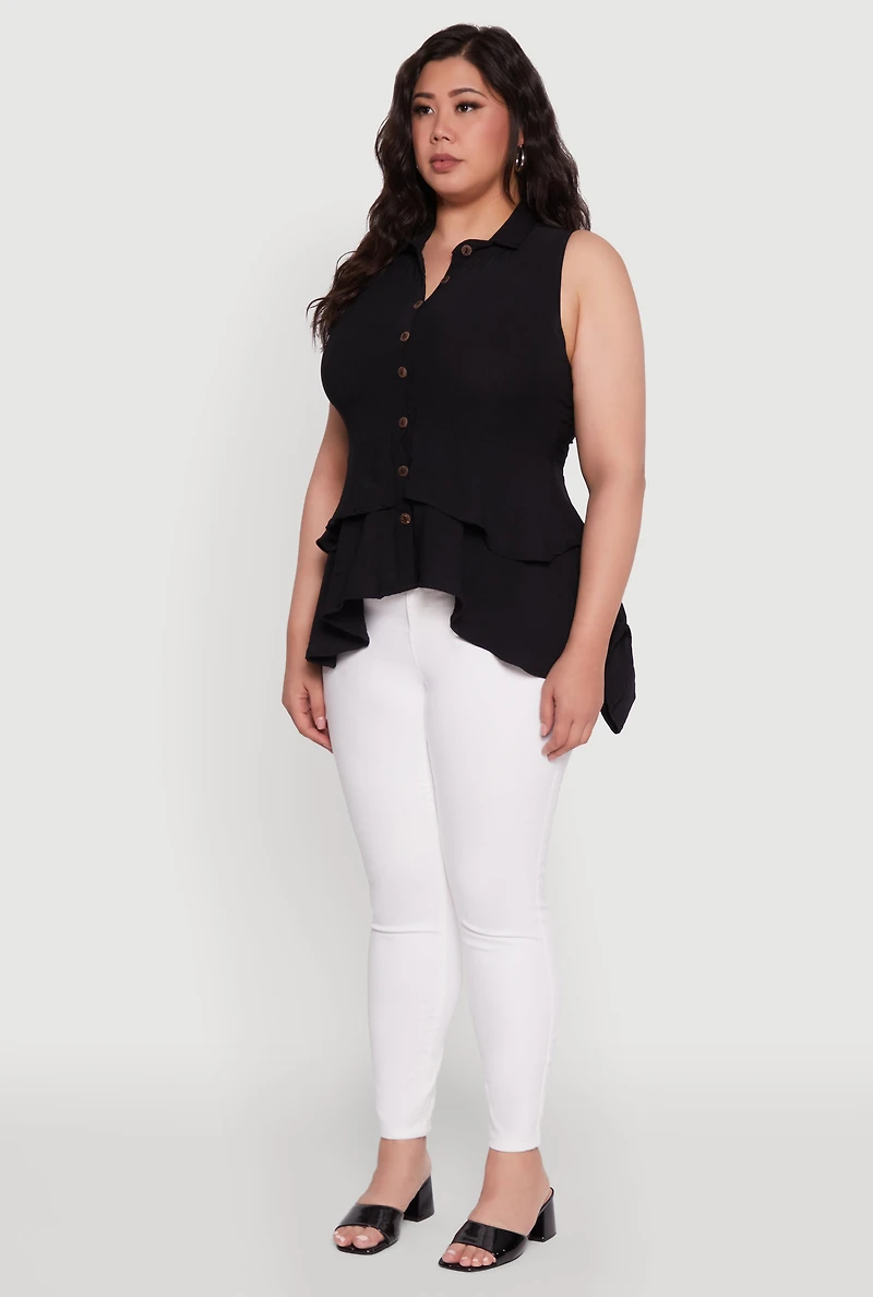 Womens Plus Crepe Knit Sleeveless Tiered Shirt,
