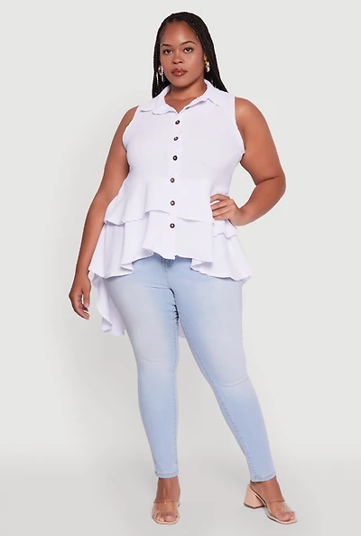 Womens Plus Crepe Knit Sleeveless Tiered Shirt,