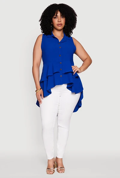 Womens Plus Crepe Knit Sleeveless Tiered Shirt,