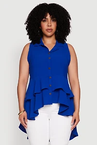 Womens Plus Size Crepe Knit Sleeveless Tiered Shirt, Blue, Size 2X