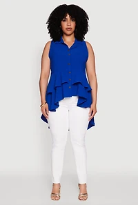 Womens Plus Size Crepe Knit Sleeveless Tiered Shirt, Blue, Size 2X