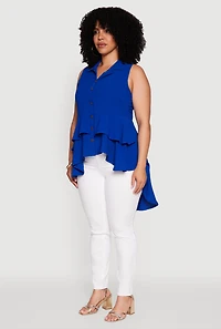 Womens Plus Size Crepe Knit Sleeveless Tiered Shirt, Blue, Size 2X