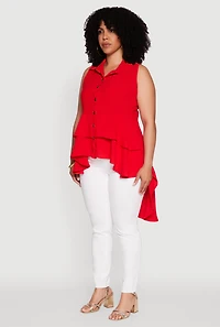 Womens Plus Size Crepe Knit Sleeveless Tiered Shirt, Red, Size 3X