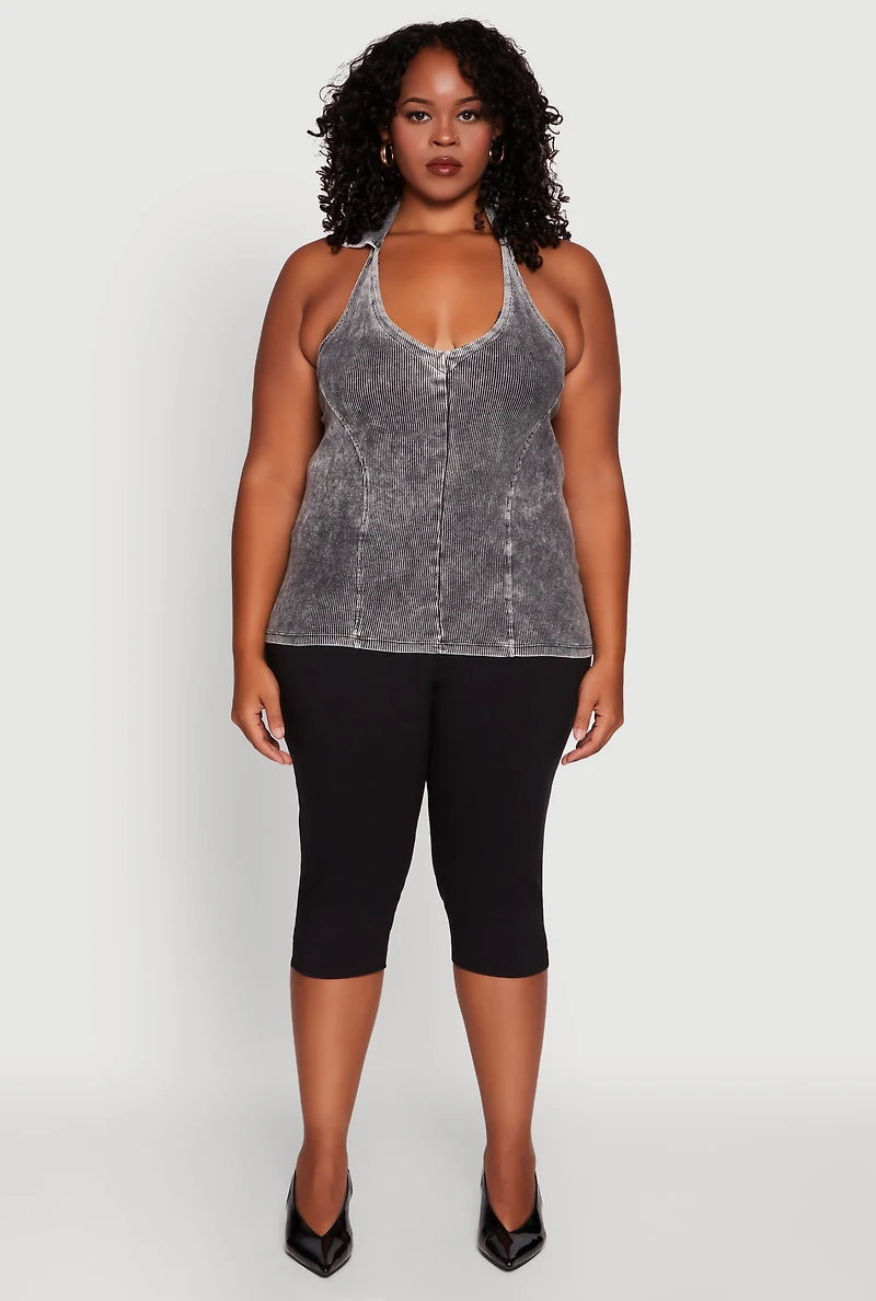 Womens Plus Size Ribbed Knit Acid Wash Halter Top, Grey, Size 2X