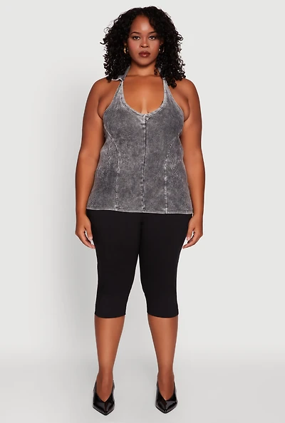 Womens Plus Size Ribbed Knit Acid Wash Halter Top, Grey, Size 2X