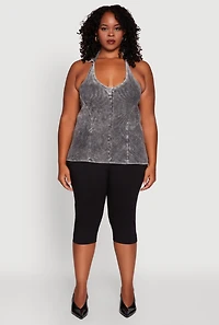 Womens Plus Size Ribbed Knit Acid Wash Halter Top, Grey, Size 2X