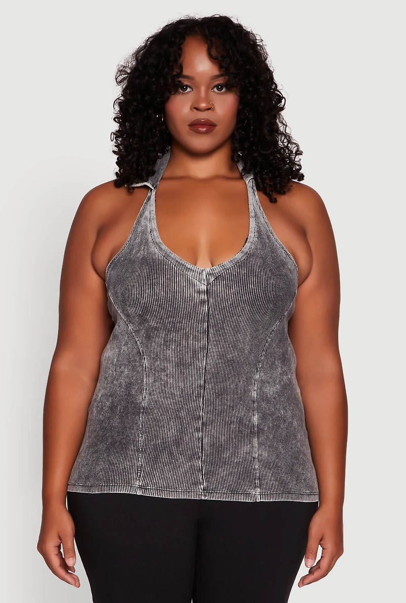 Womens Plus Size Ribbed Knit Acid Wash Halter Top, Grey, Size 2X