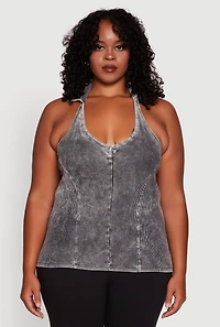 Womens Plus Size Ribbed Knit Acid Wash Halter Top, Grey, Size 2X