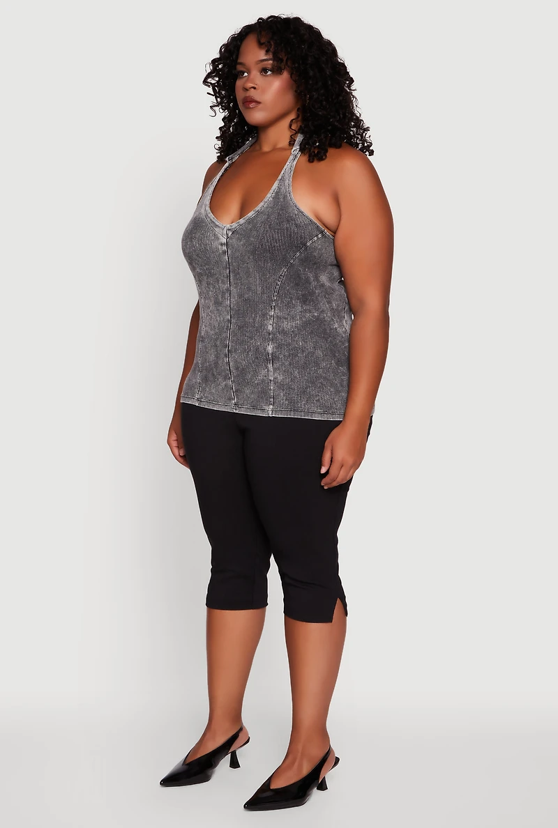 Womens Plus Size Ribbed Knit Acid Wash Halter Top, Grey, Size 2X