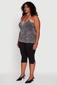 Womens Plus Size Ribbed Knit Acid Wash Halter Top, Grey, Size 2X