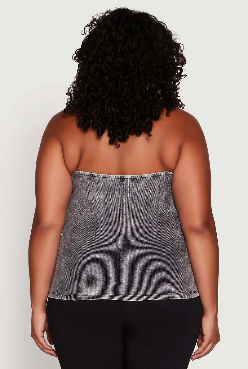 Womens Plus Size Ribbed Knit Acid Wash Halter Top, Grey, Size 2X