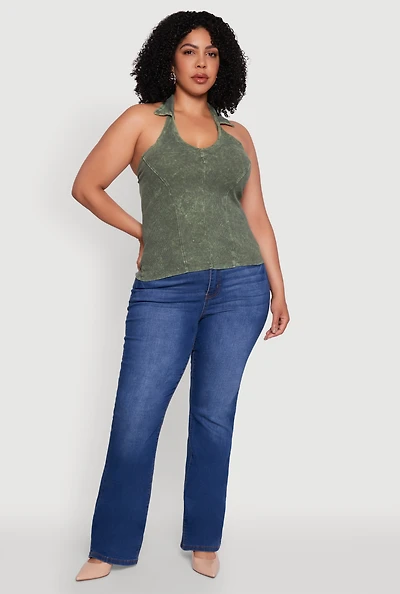 Womens Plus Ribbed Knit Acid Wash Halter Top,