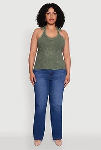 Womens Plus Ribbed Knit Acid Wash Halter Top,