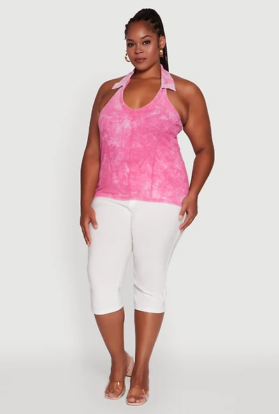Womens Plus Size Ribbed Knit Acid Wash Halter Top, Pink, Size 1X