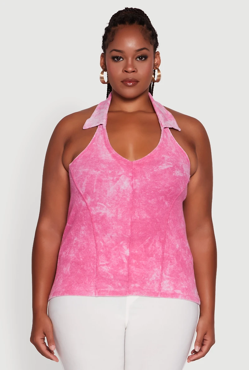 Womens Plus Size Ribbed Knit Acid Wash Halter Top, Pink, Size 1X