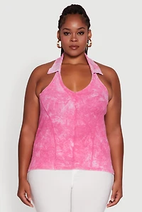 Womens Plus Size Ribbed Knit Acid Wash Halter Top, Pink, Size 1X