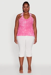 Womens Plus Size Ribbed Knit Acid Wash Halter Top, Pink, Size 1X